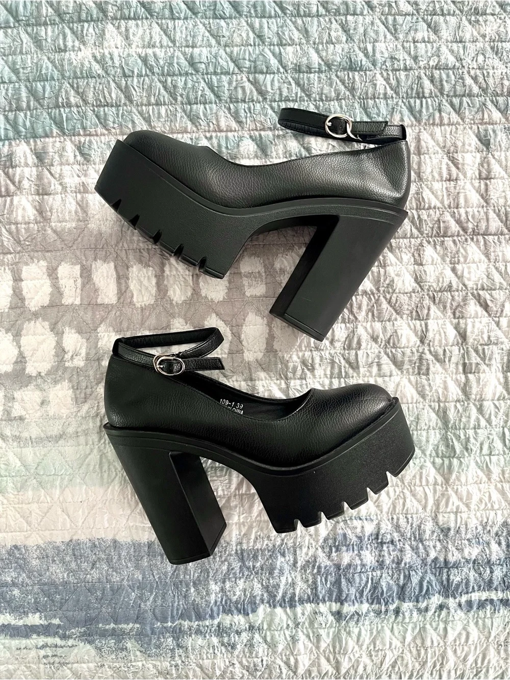 Black Chunky Platform Mary Jane Heels with Ankle Strap 10101